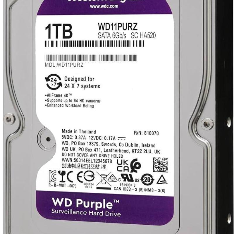  WESTERN DIGITAL WD PURPLE Disco Duro Vigilancia 1TB 3.5" SATA 6Gb/s 5400RPM 64MB Cache AllFrame 180TB/año 24/7 