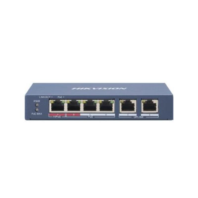  HIKVISION DS-3E0106HP-E Switch Smart 4 Puertos PoE 10/100Mbps + 2 Uplink 10/100/1000 Uno Hi-PoE 60W Total 80W 