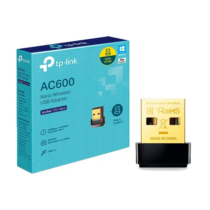  TP-LINK Archer T2U Nano Adaptador USB nano inalámbrico AC600 433Mbps 5GHz 200Mbps 2.4GHz ultra compacto USB 2.0 