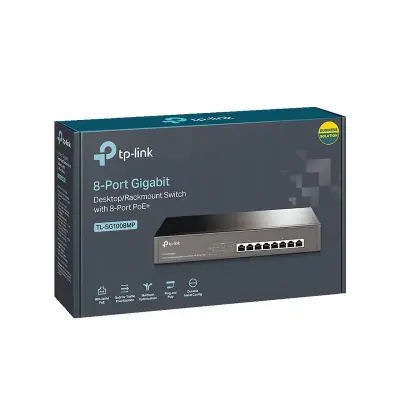  TP-LINK TL-SG1008MP Switch 8 puertos Gigabit 10/100/1000Mbps PoE+ 802.3at 153W presupuesto PoE escritorio/rack 19" 