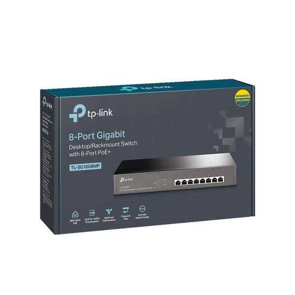  TP-LINK TL-SG1008MP Switch 8 puertos Gigabit 10/100/1000Mbps PoE+ 802.3at 153W presupuesto PoE escritorio/rack 19" 