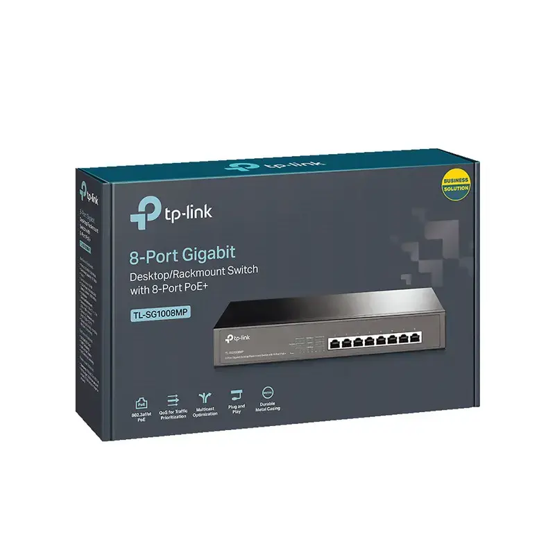  TP-LINK TL-SG1008MP Switch 8 puertos Gigabit 10/100/1000Mbps PoE+ 802.3at 153W presupuesto PoE escritorio/rack 19" 