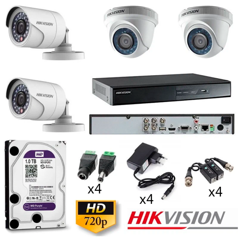  HIKVISION KIT 4 Cámaras 720P HD DVR 4CH DS-7204HGHI-F1 1TB HDD Cable HDMI Mouse Accesorios 