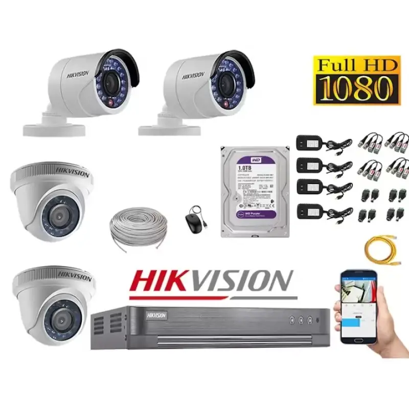  HIKVISION KIT 4 Cámaras 1080P Full HD DVR 4CH DS-7204HGHI-M1/S 1TB HDD 2 Domo 2 Tubo Cable HDMI Mouse 