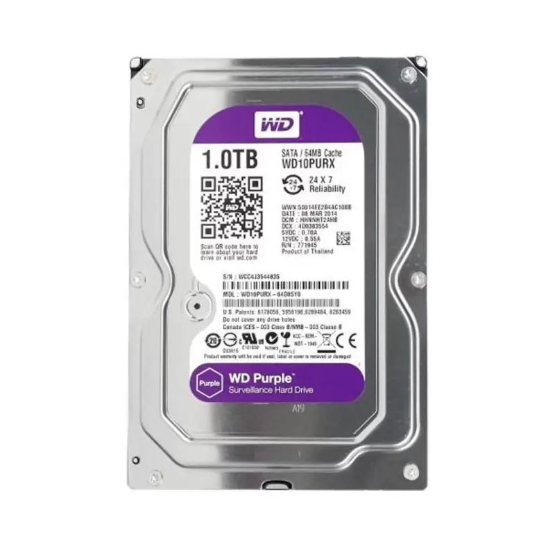 WESTERN DIGITAL WD PURPLE Disco Duro Vigilancia 1TB 3.5" SATA 6Gb/s 5400RPM 64MB AllFrame 180TB/año 24/7