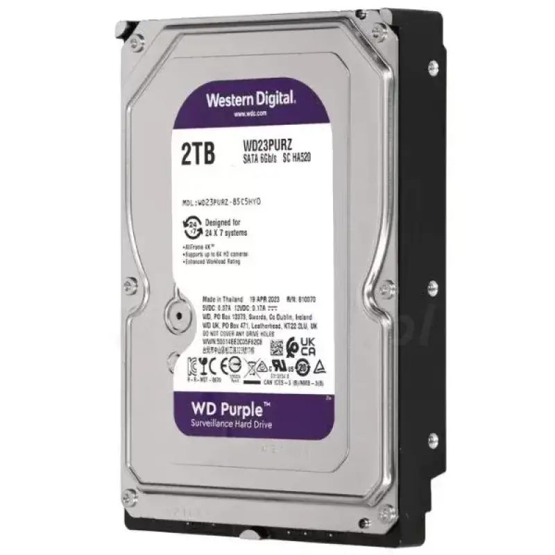  WESTERN DIGITAL WD PURPLE Disco Duro Vigilancia 2TB 3.5" SATA 6Gb/s 5400RPM 256MB Cache CMR AllFrame 180TB/año 24/7 